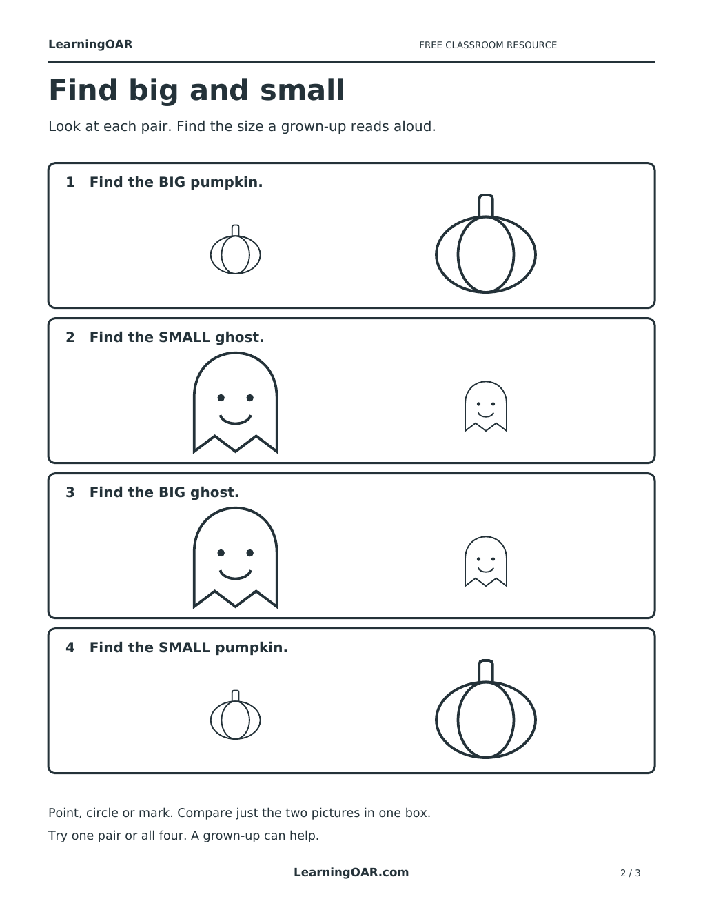 Four boxes containing a large and a small version of the same pumpkin or friendly ghost, with directions to find a named size.