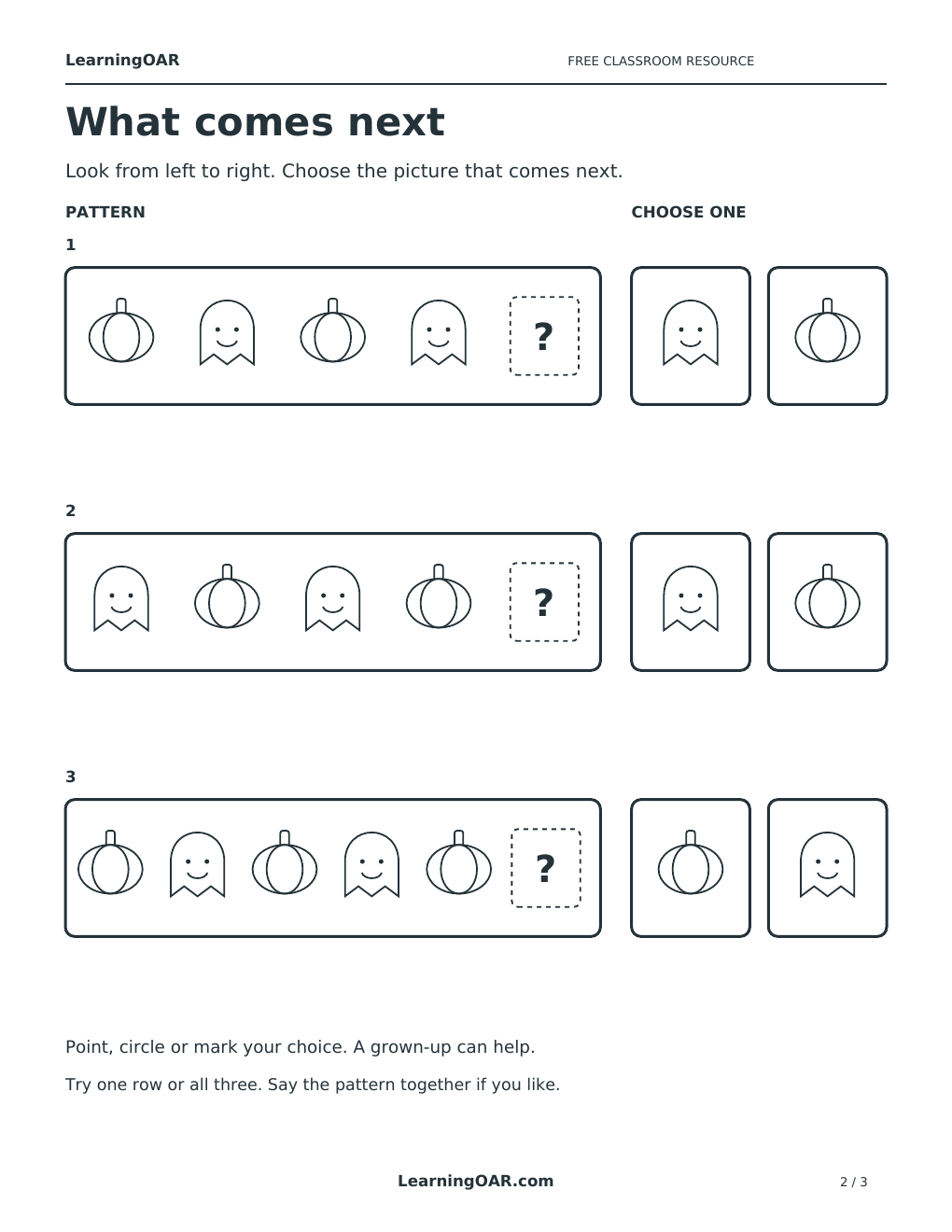 Three rows of alternating pumpkins and friendly ghosts, each ending with a missing picture and two picture choices.