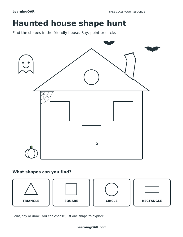 Friendly haunted house with a triangle roof, square windows, a circle window and rectangle door, above four labeled shape tiles.
