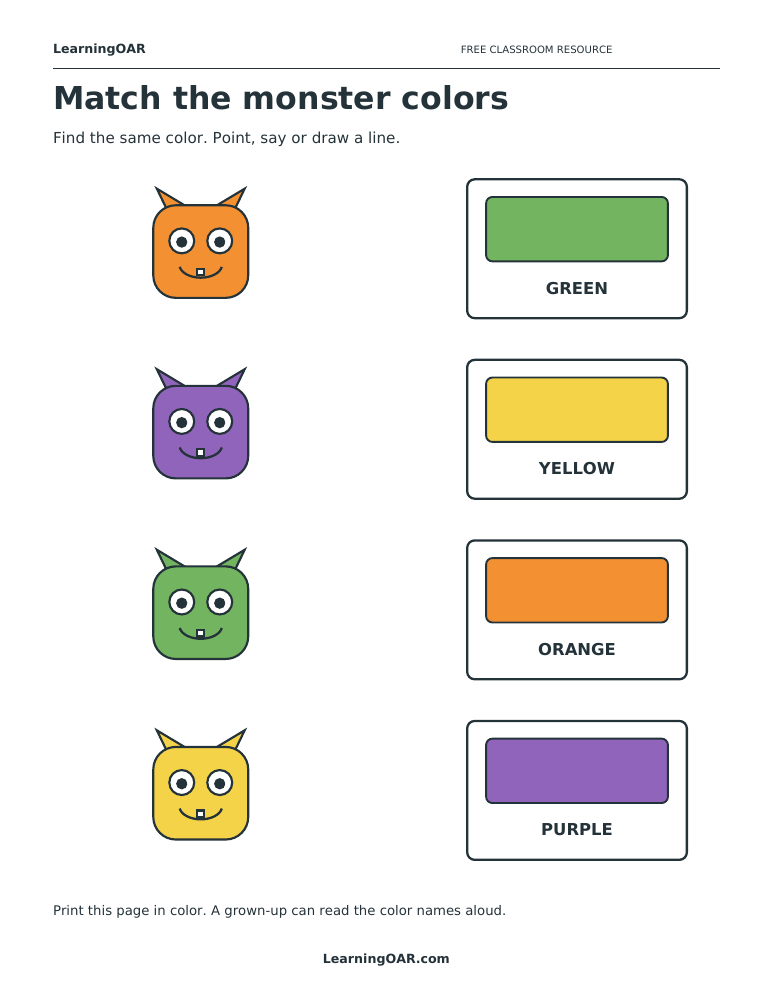 Orange, purple, green and yellow friendly monsters beside shuffled, labeled color swatches for matching.
