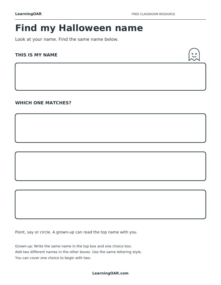 Blank Halloween name-matching worksheet with one model-name box, three large choice boxes and a small friendly ghost.