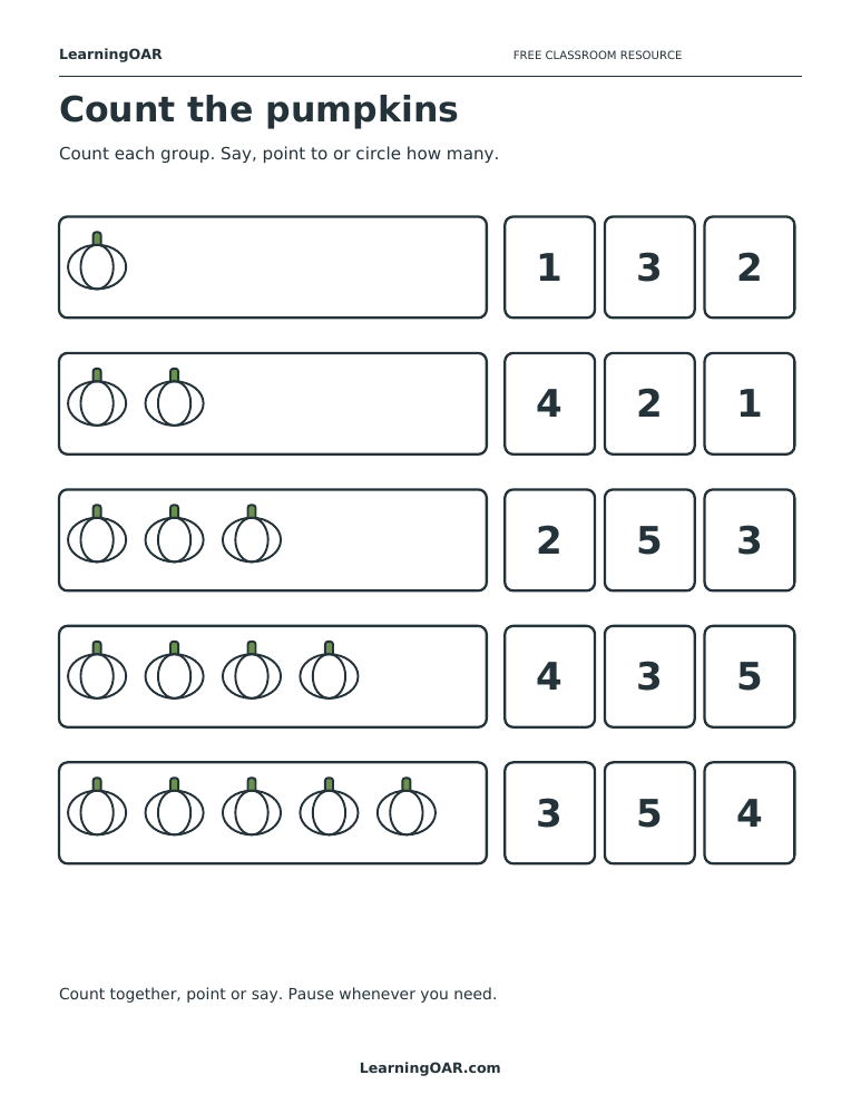 Pumpkin counting activity with five rows of one to five pumpkins and three numeral choices beside each group.